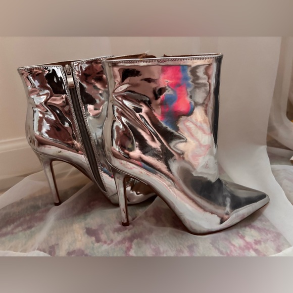 Truffle Collection Shoes - Metallic Silver Women's Ankle Boots - High Heel Zip Booties